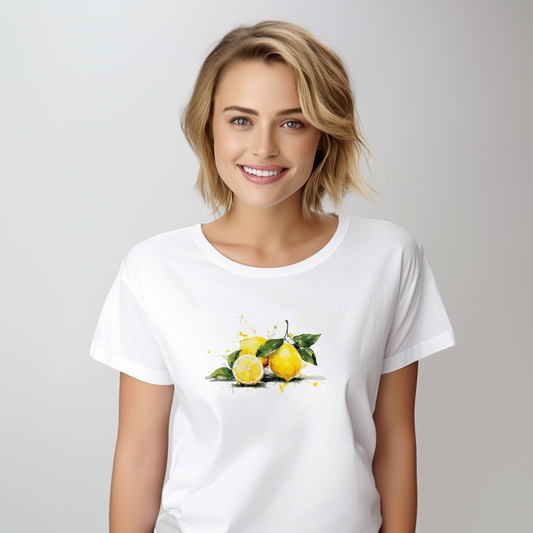 Balti moteriški marškinėliai su ryškiu geltonu citrinų piešiniu iš Naujausių dizainų 2026 kolekcijos