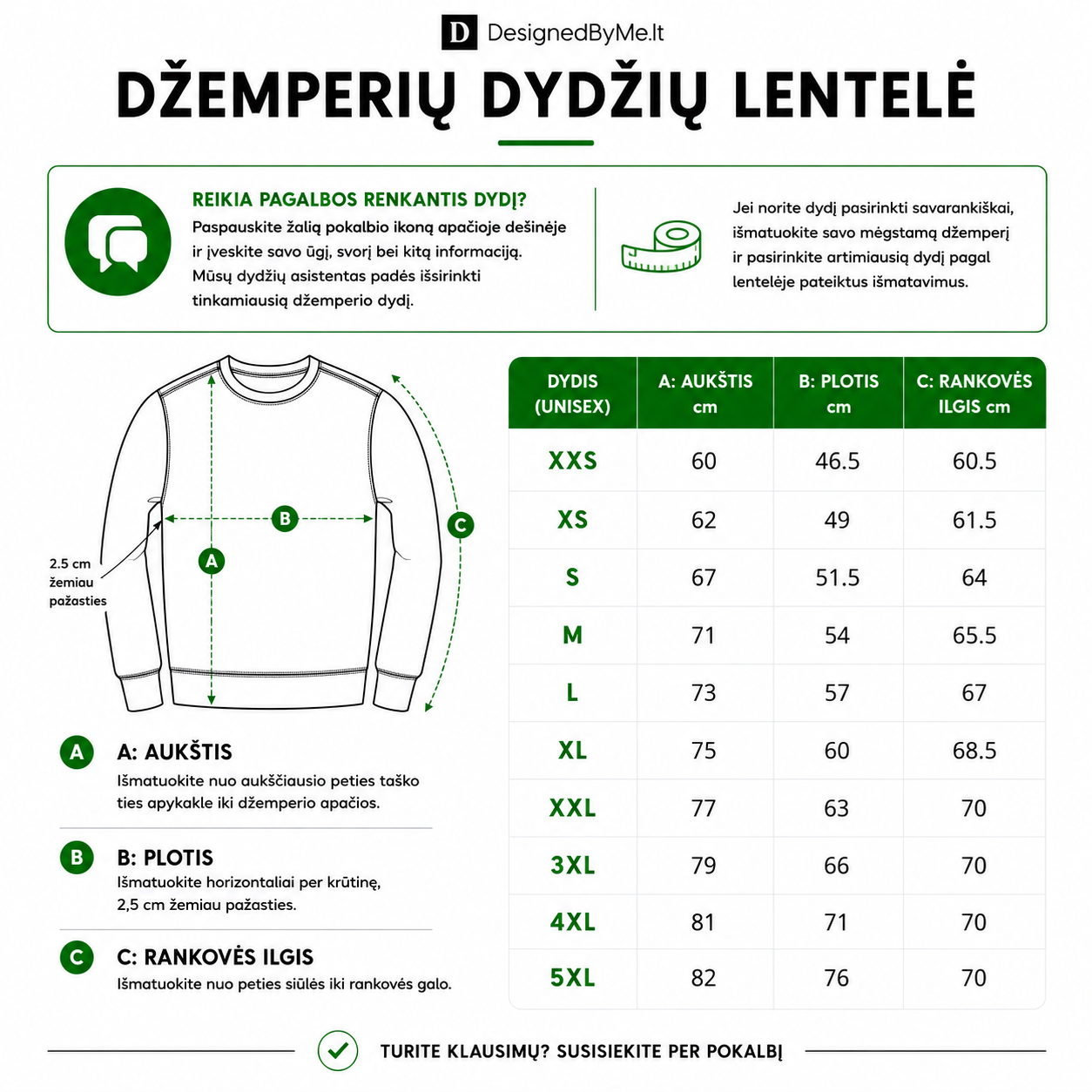 Džemperių dydžių lentelė
