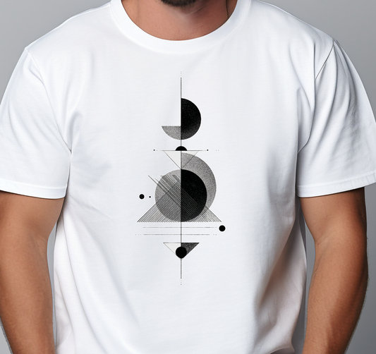 Balti vyriški marškinėliai su juodais minimalistiniais geometriniais simboliais iš Naujausių dizainų 2026 kolekcijos