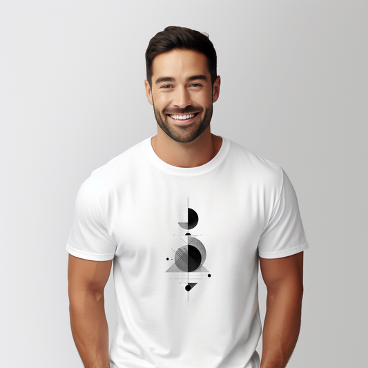 Balti vyriški marškinėliai su įmantriu juodų geometrinių figūrų deriniu iš Naujausių dizainų 2026 kolekcijos