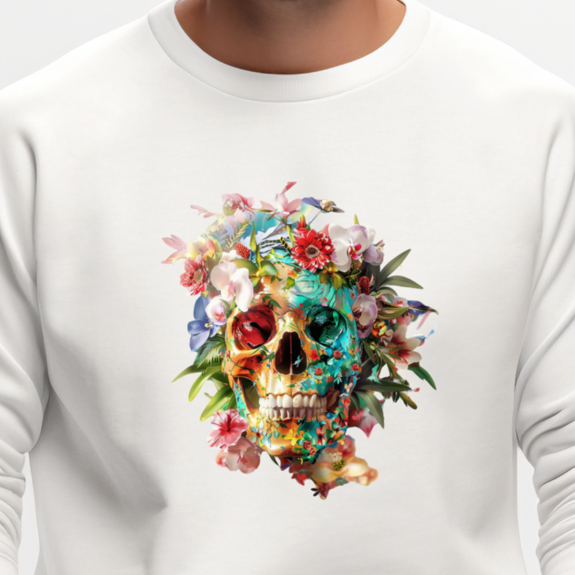 Vyriškas džemperis "Flower Skull White" su spalvingu gėlėmis papuoštu kaukolės atvaizdu. Unikalus ir drąsus dizainas, idealus tiems, kurie nori išsiskirti. Designedbyme.lt kokybė ir originalumas. Vyriški džemperiai, BESTSELLER'iai, Naujausi dizainai