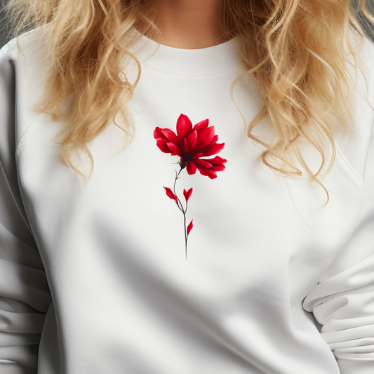 Baltas moteriškas džemperis su minimalistiniu ryškios raudonos gėlės piešiniu Naujausi dizainai 2026 kolekcijoje