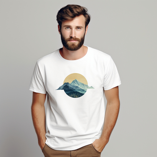 Balti vyriški marškinėliai su gamtos peizažo iliustracija saulėlydžio fone iš Naujausių dizainų 2026 kolekcijos