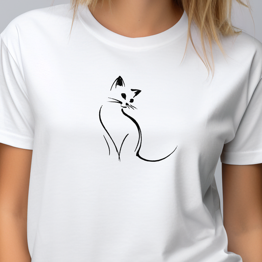 Baltų marškinėlių su išraiškingu juodu katės minimalistiniu piešiniu iš IŠPARDAVIMAS / SALE - 65% kolekcijos