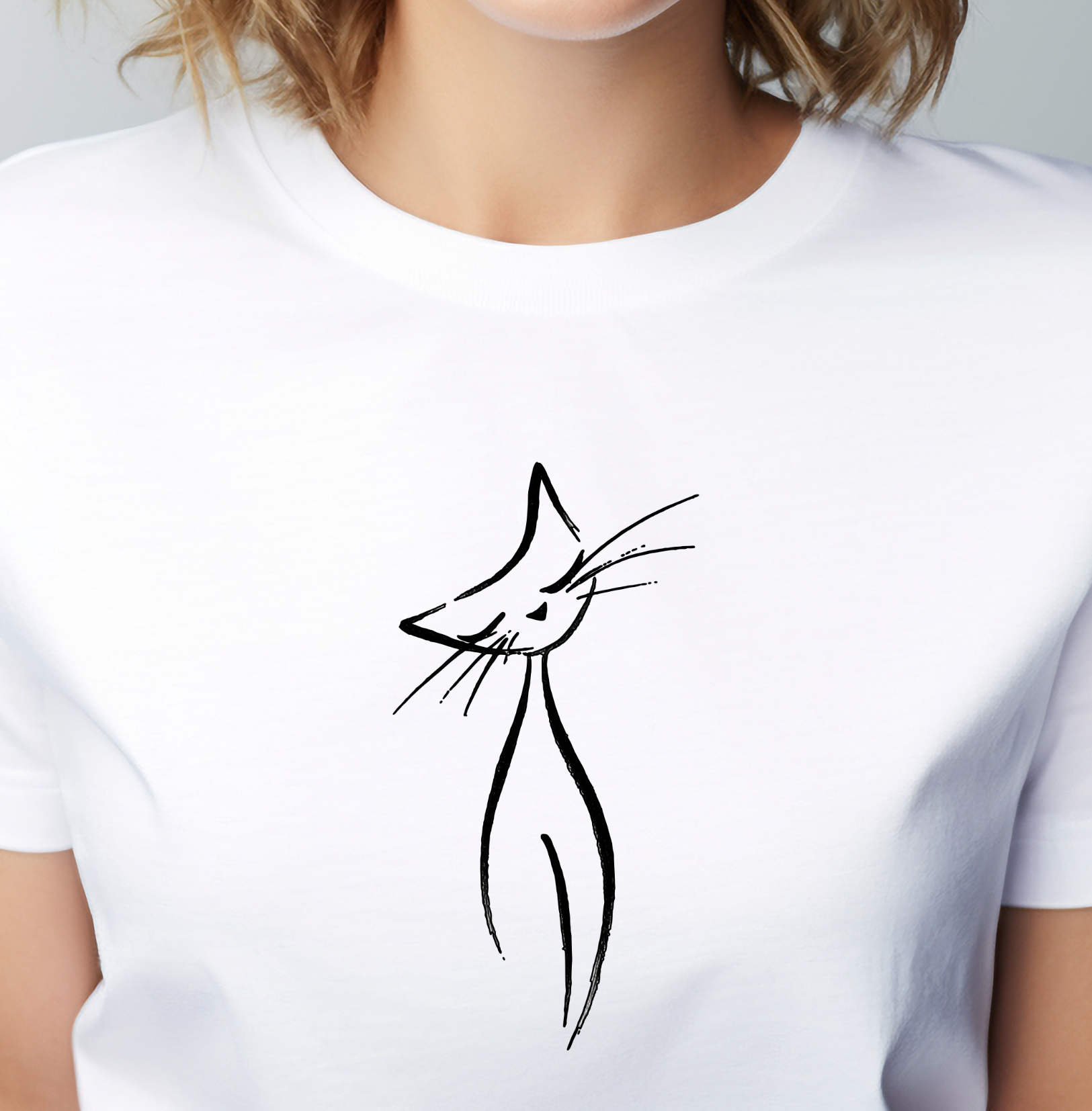 Balti moteriški marškinėliai su moderniu minimalistiniu juodu katės piešiniu iš Naujausių dizainų 2026 kolekcijos