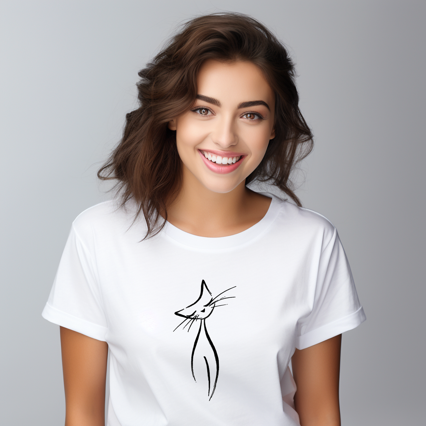 Balti moteriški marškinėliai su stilizuotu juodu minimalistiniu katės siluetu iš Naujausių dizainų 2026 kolekcijos