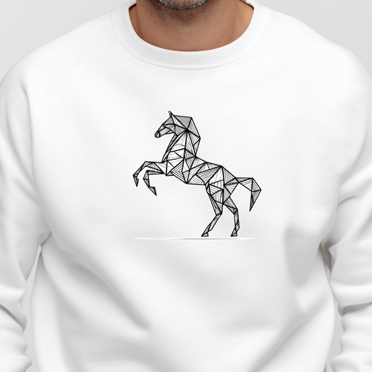 Baltas vyriškas džemperis su stilizuotu geometriniu arkliuko piešiniu iš Džemperių kolekcija 2026