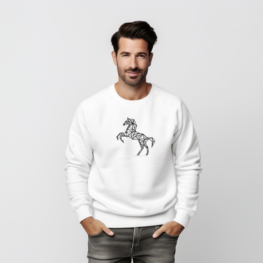 Baltas džemperis su geometriniu juodo stilizuoto arkliuko piešiniu iš Džemperių kolekcijos 2026