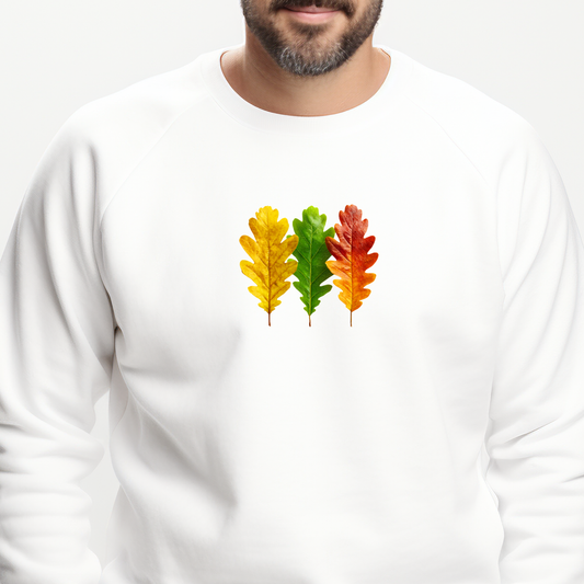 Balto vyriško džemperio minimalistinis trijų spalvų ąžuolo lapų dizainas iš Naujausių dizainų 2026 kolekcijos