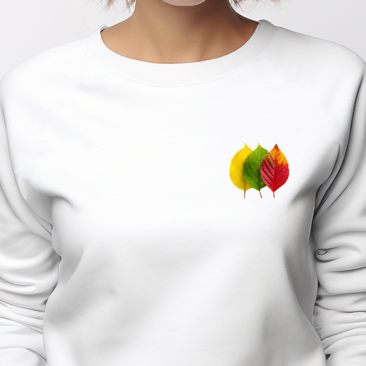 Balti moteriški džemperiai su moderniu trijų spalvų rudens lapų dizainu iš Naujausių dizainų 2026 kolekcijos