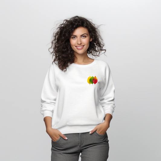 Balta moteriška džemperio su minimalistiniu trijų spalvų rudens lapų piešiniu iš Naujausi dizainai 2026 kolekcijos