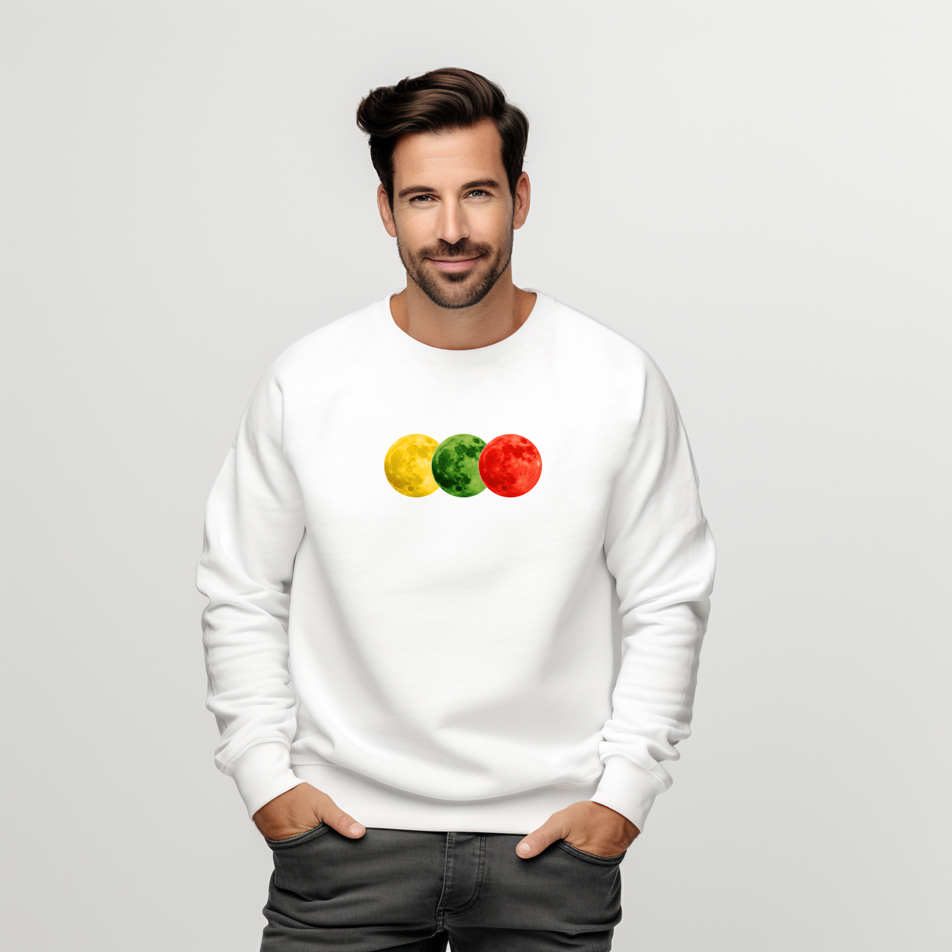 Baltas vyriškas džemperis su trijų spalvų mėnulio piešiniu iš Naujausi dizainai 2026 kolekcijos