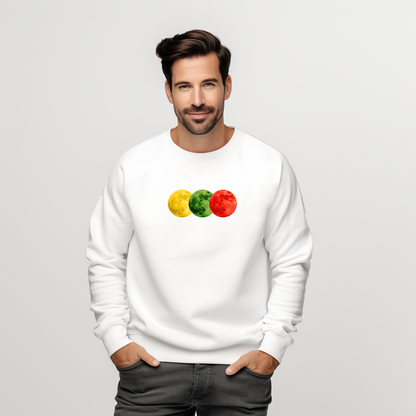 Baltas vyriškas džemperis su trijų spalvų mėnulio piešiniu iš Naujausi dizainai 2026 kolekcijos