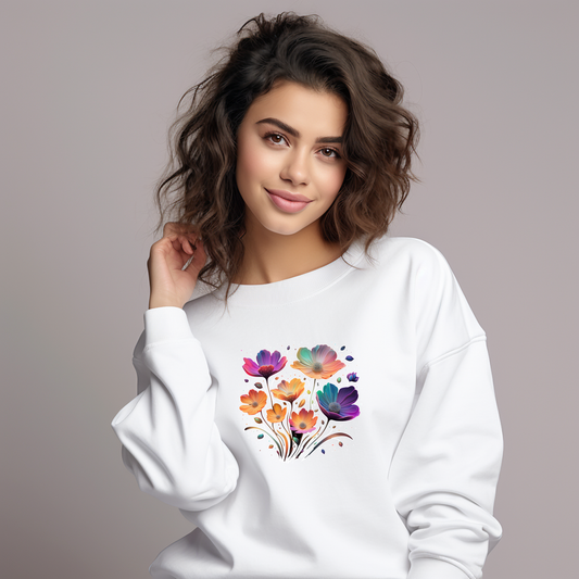Stilingas baltas moteriškas džemperis "Light Flowers" su ryškių gėlių puokštės atvaizdu, puikiai tinkantis moderniai ir originaliai aprangai. Unikalus Designedbyme.lt kūrinys, idealus kasdieniam dėvėjimui ar dovanai. Moteriški džemperiai, Perkamiausi džemperiai, Naujausi dizainai, Kalėdinių džemperių kolekcija