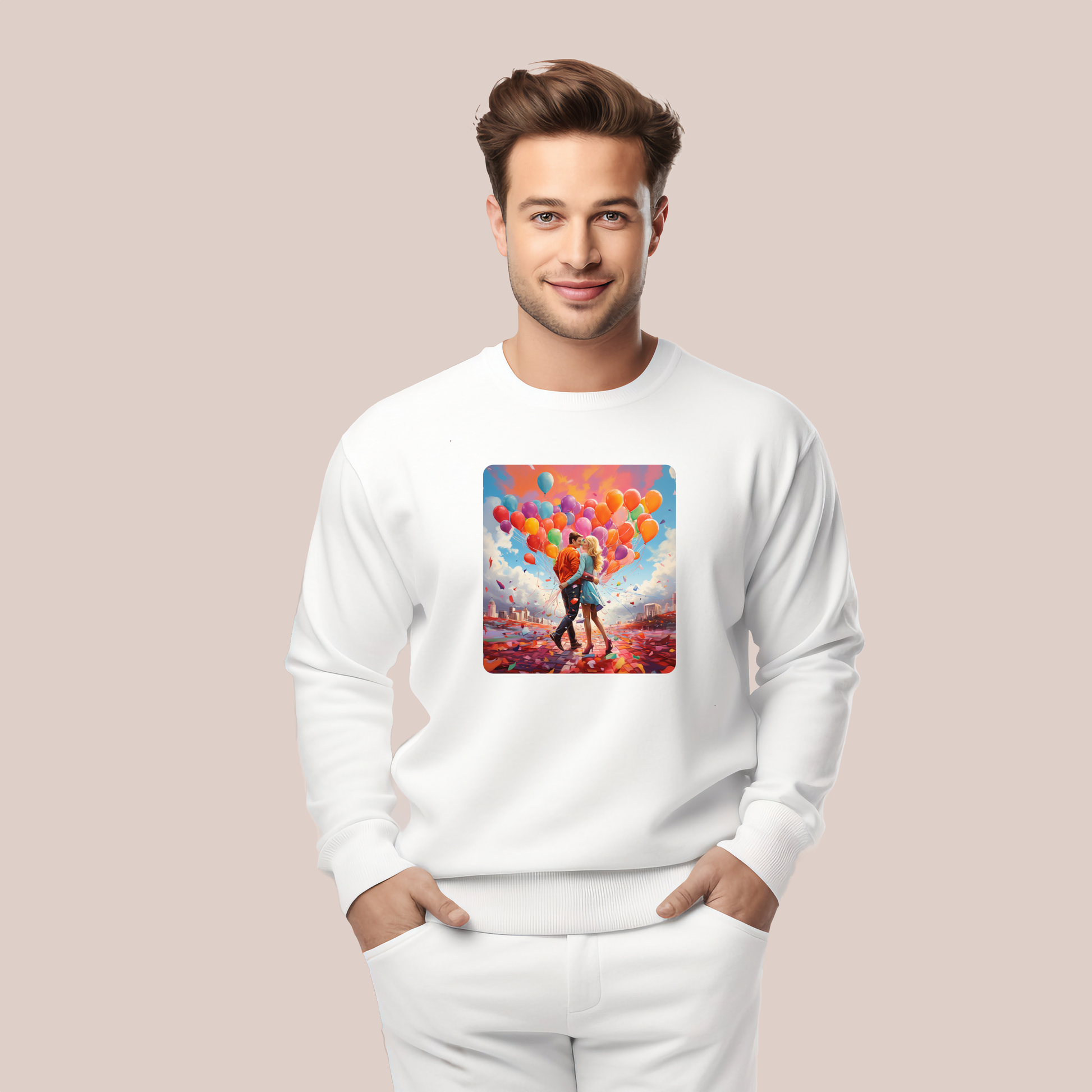 Vyriškas džemperis su spalvingu dizainu "Love Balloons", kuris perteikia meilę ir lengvumą, užrašas ant marškinėlių su pora balionų fone, Designedbyme.lt, vyriškos maikutės, dovanos internetu, ❤️ Valentino dienos kolekcija ❤️, Visi produktai, Vyriški džemperiai