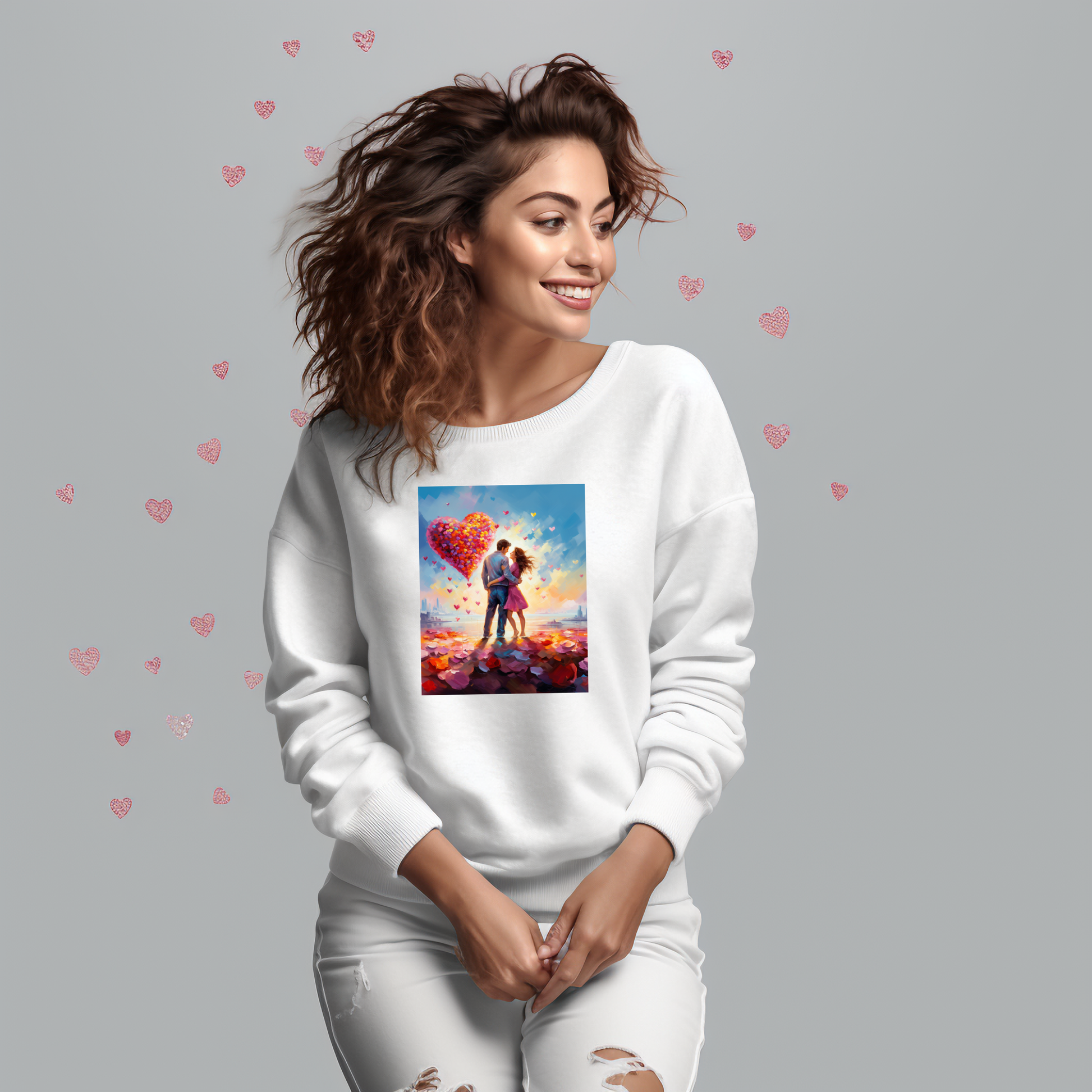 Moteriškas džemperis su romantišku dizainu, atvaizduojantis meilę mieste. Produktas "Love in the City" iš Designedbyme.lt, atspindintis stilių ir romantišką nuotaiką. Puiki dovana draugei, praktiskos dovanos moterims, marskineliai su spauda, Valentino dienos kolekcija 
