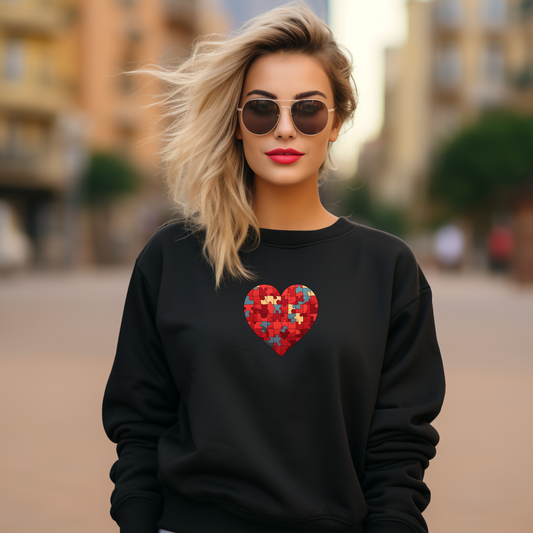 Juodas moteriškas džemperis su širdies formos koliažo raudonos spalvos piešiniu iš Džemperių kolekcijos 2026