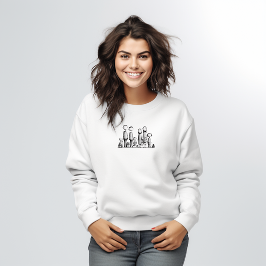 Balta moteriška palaidinė su minimalistiniu šeimos siluetų piešiniu iš Naujausi dizainai 2026 kolekcijos