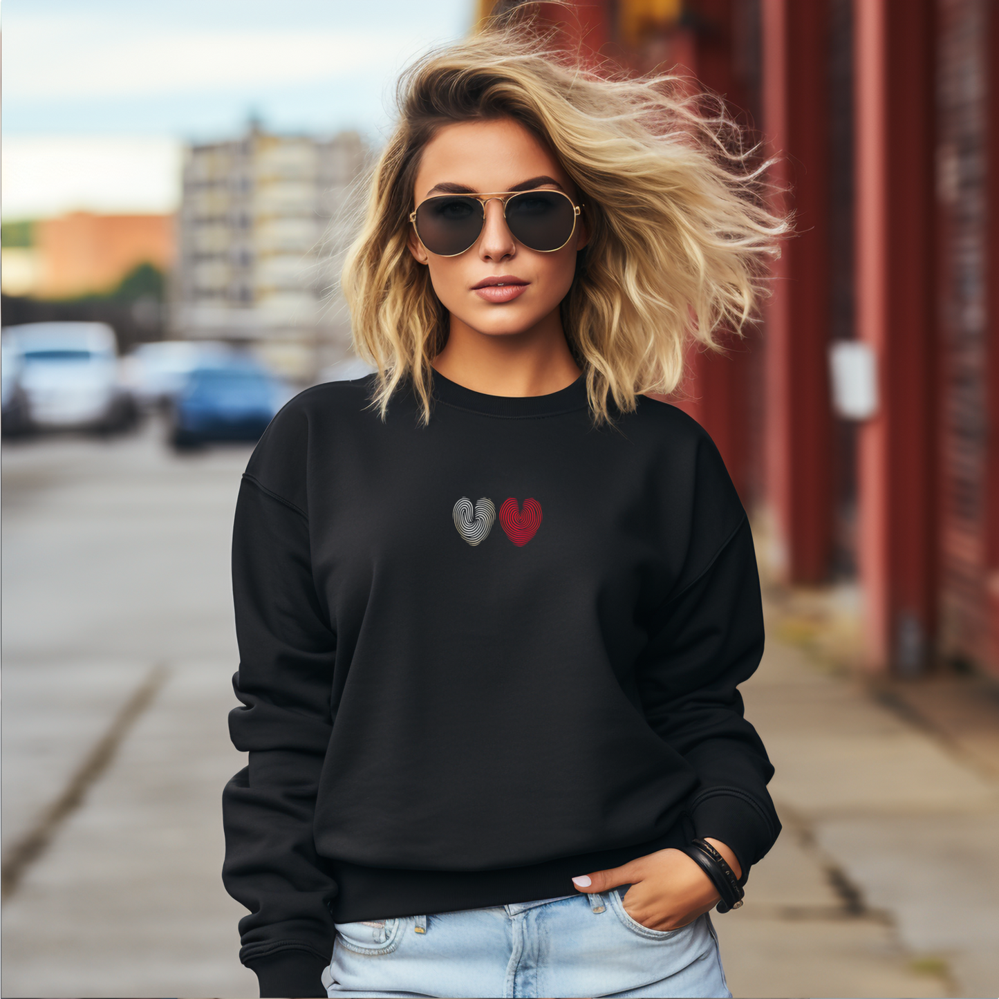 Juodas moteriškas džemperis su dviejų skirtingų spalvų širdelių piešiniu iš Šv. Valentino kolekcijos.