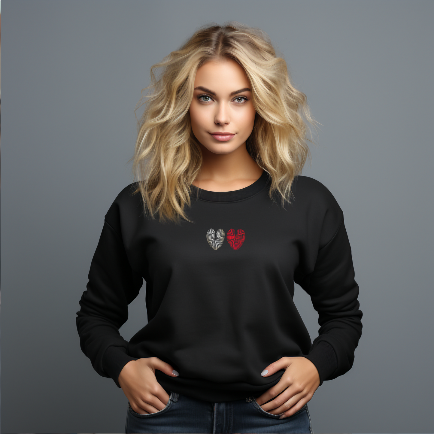 Juodas džemperis su dviem stilizuotais širdies formos pėdsakais iš Šv. Valentino kolekcijos moterims.