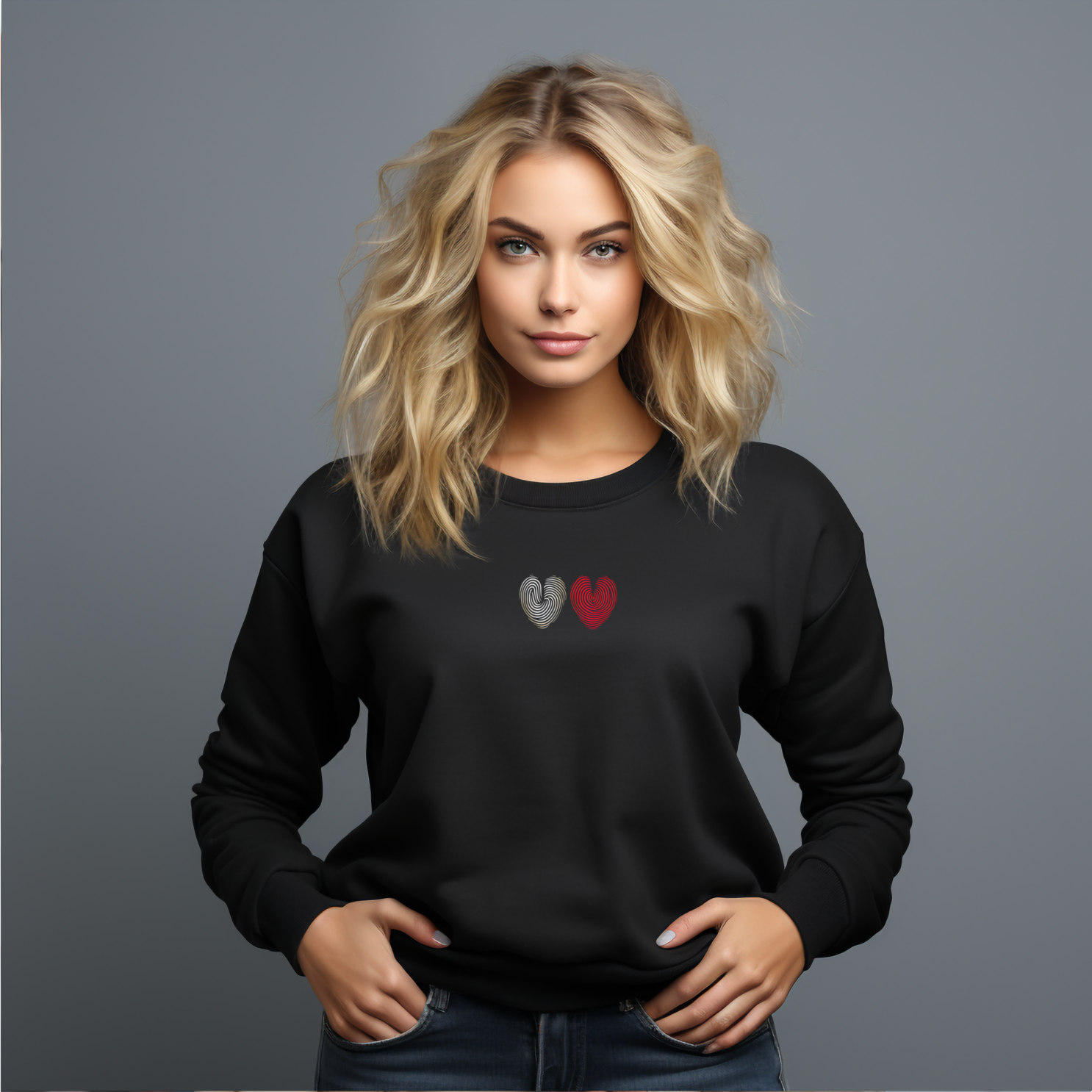 Juodas džemperis su dviem stilizuotais širdies formos pėdsakais iš Šv. Valentino kolekcijos moterims.