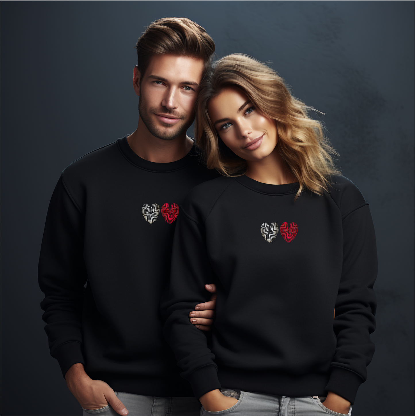 Juodi porų džemperiai su minimalistiniais dviejų skirtingų spalvų širdies simboliais iš Šv. Valentino kolekcijos.