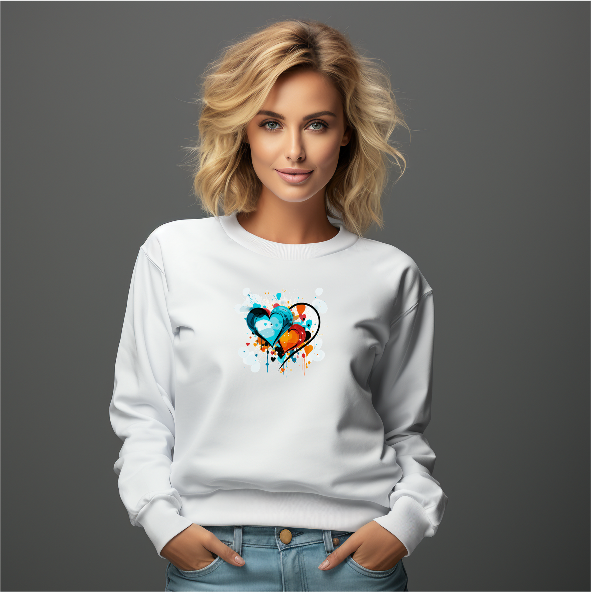 Balti moteriški džemperiai su menišku dviejų spalvų širdžių piešiniu iš Naujausių dizainų 2026 kolekcijos.