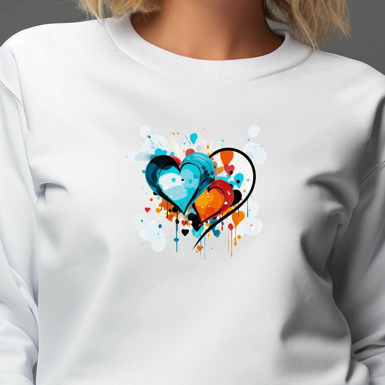 Balti moteriški džemperiai su ryškiu abstrakčiu dviem širdžių piešiniu iš Naujausių dizainų 2026 kolekcijos.