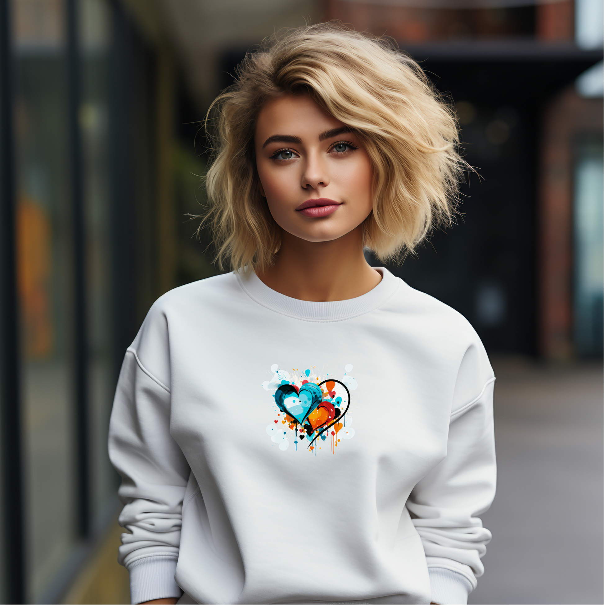 Balta moteriška palaidinė su spalvotu dviem širdims skirtu grafiti stiliaus atvaizdu iš Naujausių dizainų 2026 kolekcijos.