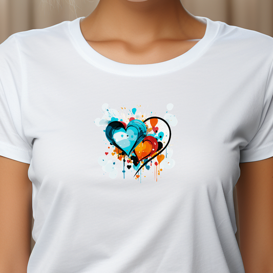 Balti moteriški marškinėliai su moderniu abstrakčiu dviejų širdžių raštu iš Naujausių dizainų 2026 kolekcijos.
