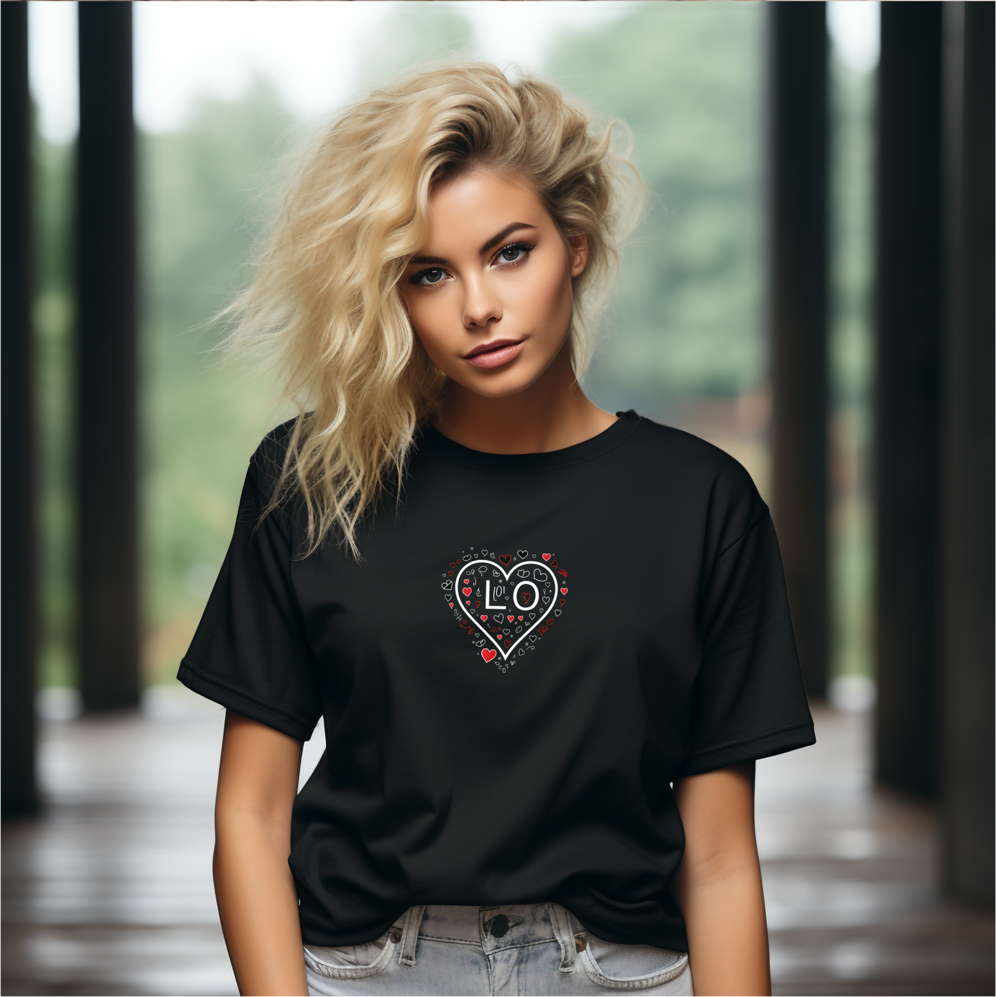 Juodi moteriški marškinėliai su širdies piešiniu ir LOVE užrašu iš Naujausių dizainų 2026 kolekcijos.