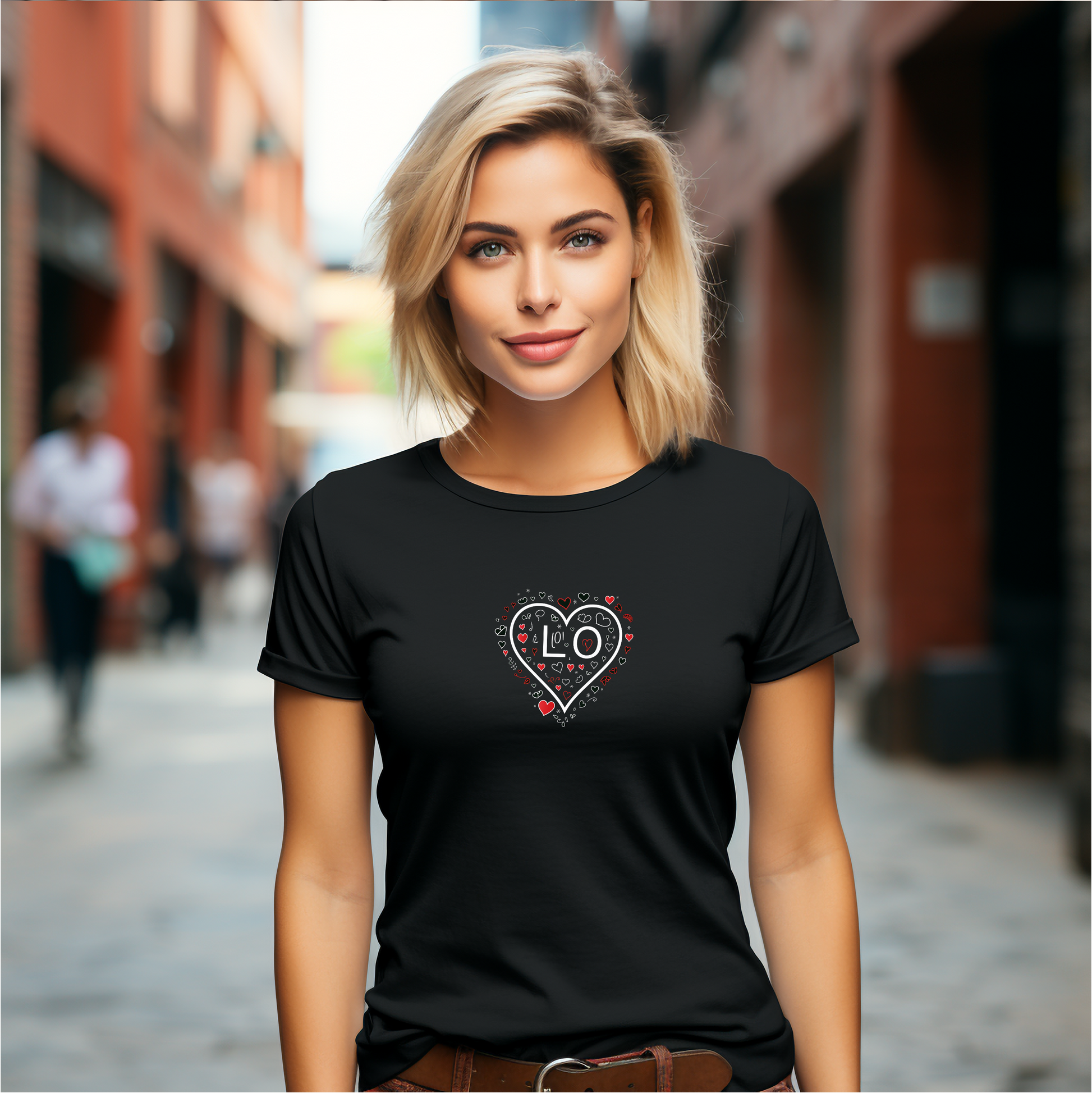 Juodi moteriški marškinėliai su moderniu mažų širdelių raštu ir LOVE užrašu iš Naujausių dizainų 2026 kolekcijos.