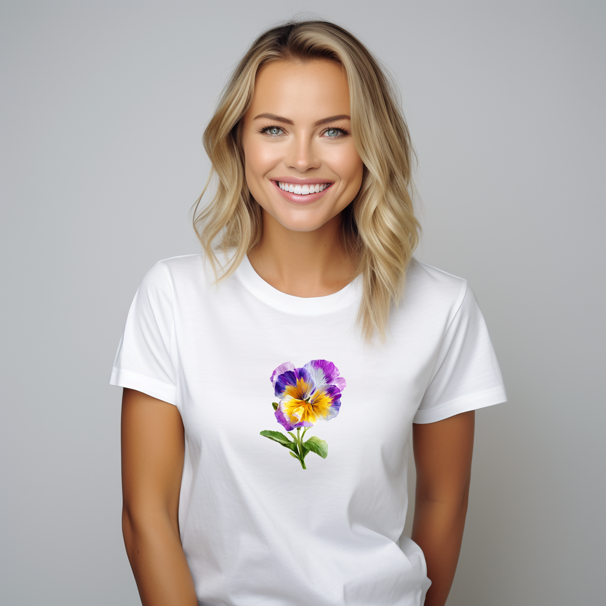 Balti moteriški marškinėliai su ryškiu violetinės gelsvos rožės piešiniu iš Pavasario kolekcijos 2026 metų