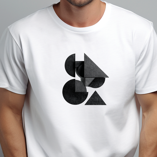 Balti vyriški marškinėliai su abstrakčiu juodų geometrinių figūrų deriniu iš Naujausių dizainų 2026 kolekcijos