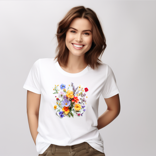 Moteriški marškinėliai „Pavasariniai žiedai“ su spalvotu margų laukinių gėlių piešiniu kasdienai.