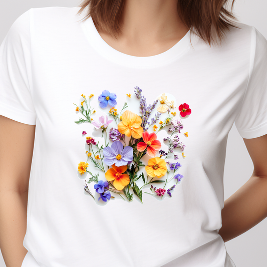 Moteriški marškinėliai “Pavasariniai žiedai” su margų laukinių gėlių piešiniu – stilingas vasaros akcentas.
