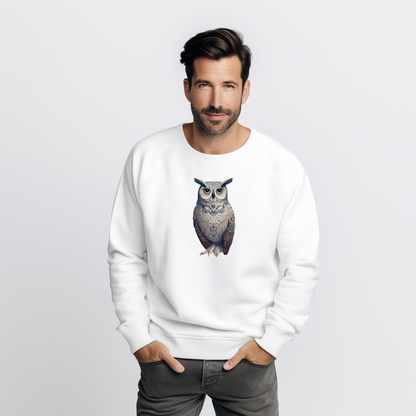 Baltas džemperis vyrams su unikaliu pelėdos piešiniu iš Naujausi dizainai 2026 kolekcijos Visi produktai
