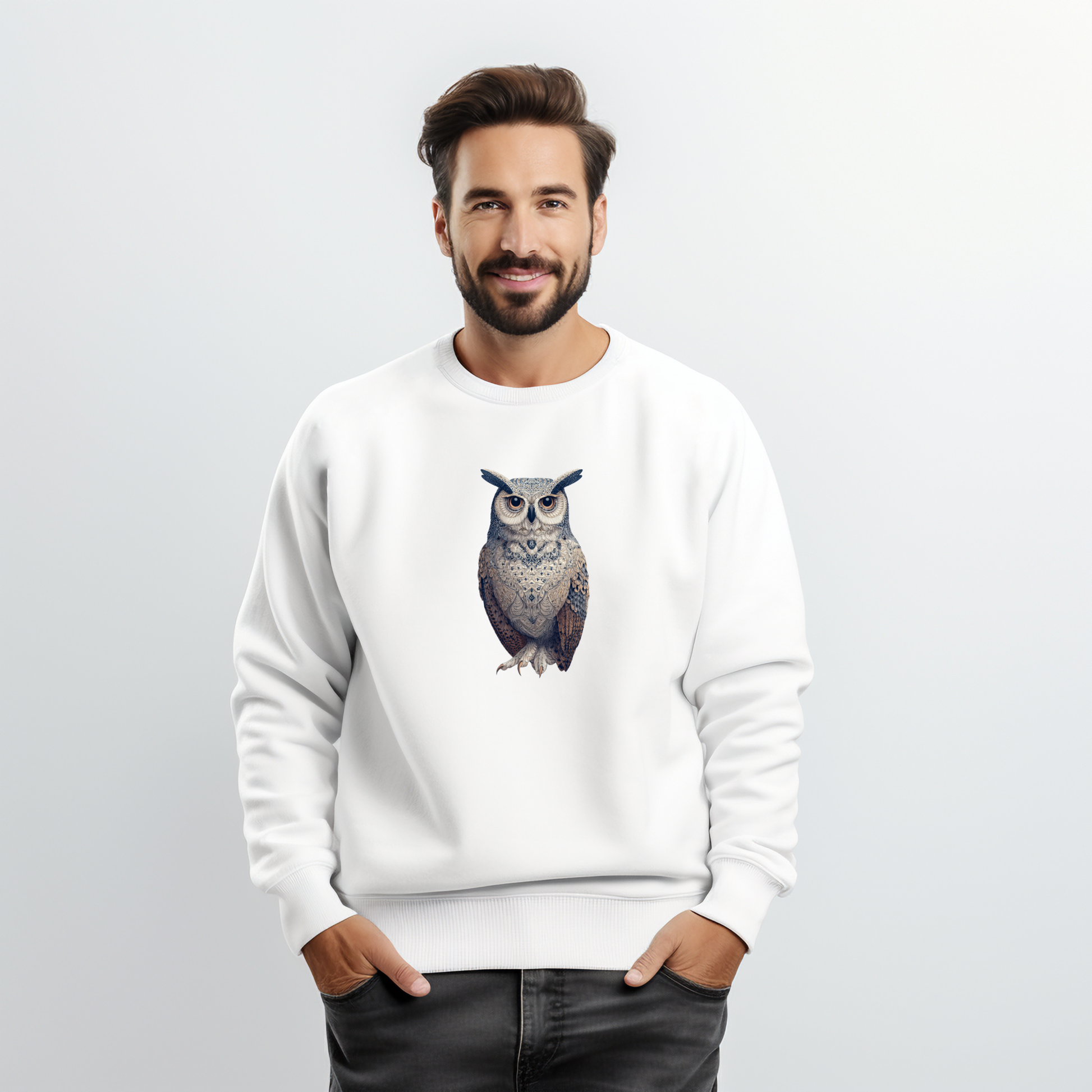 Balta vyriška džemperis su detaliu pelėdos piešiniu iš Naujausių dizainų 2026 kolekcijos Visi produktai