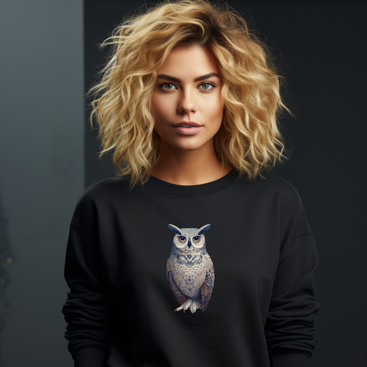 Juodas moteriškas džemperis su detalia pelėdos iliustracija iš Naujausia džemperių kolekcija 2026 metų kolekcijos.