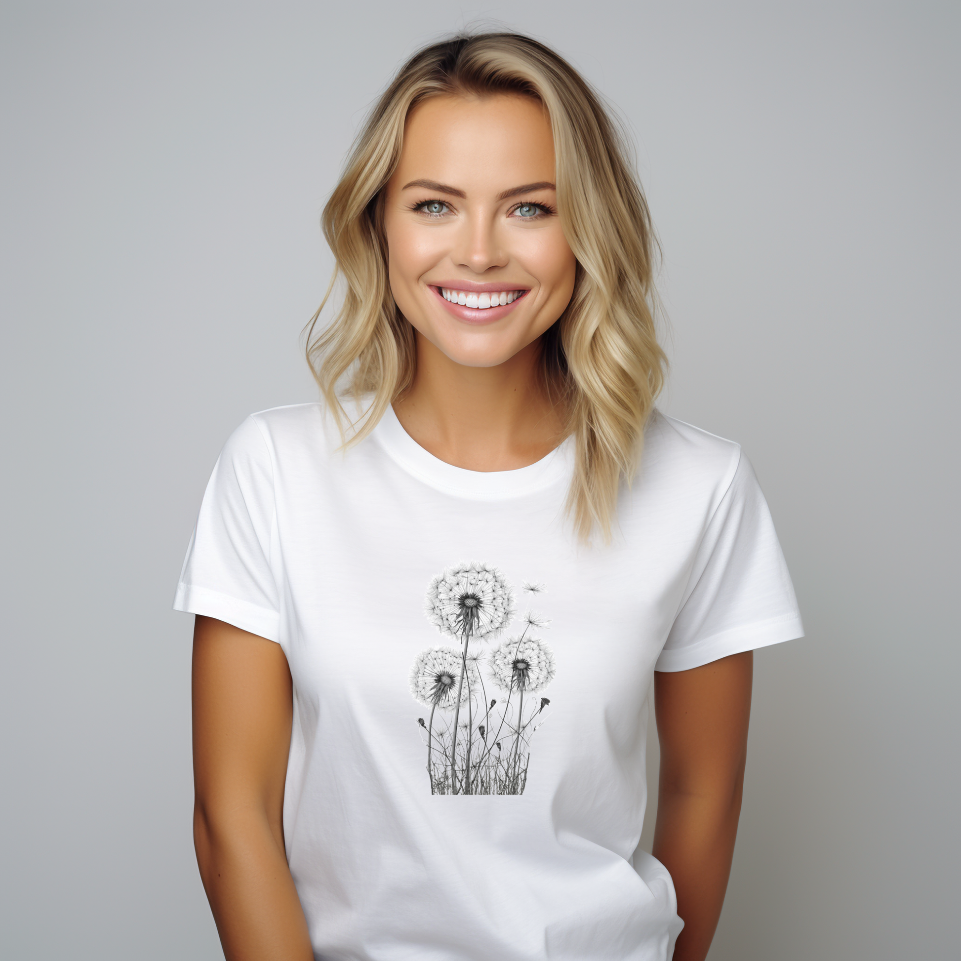 Balti moteriški marškinėliai su juodu pūkuotų pienių piešiniu iš Vasaros kolekcijos 2024 metų