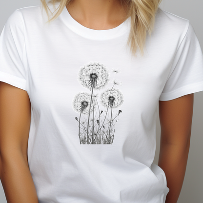 Balti moteriški marškinėliai su subtiliu pūkuotų pienių piešiniu iš Vasaros kolekcijos 2024 metų