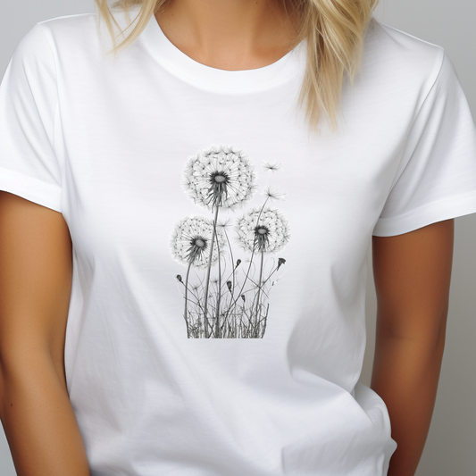 Balti moteriški marškinėliai su subtiliu pūkuotų pienių piešiniu iš Vasaros kolekcijos 2024 metų