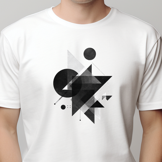 Balti vyriški marškinėliai su moderniu juodų geometrinių formų kompozicijos piešiniu iš Naujausių dizainų 2026 kolekcijos