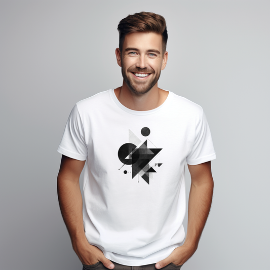 Balti vyriški marškinėliai su abstrakčiu juodų geometrinių figūrų piešiniu iš Naujausių dizainų 2026 kolekcijos