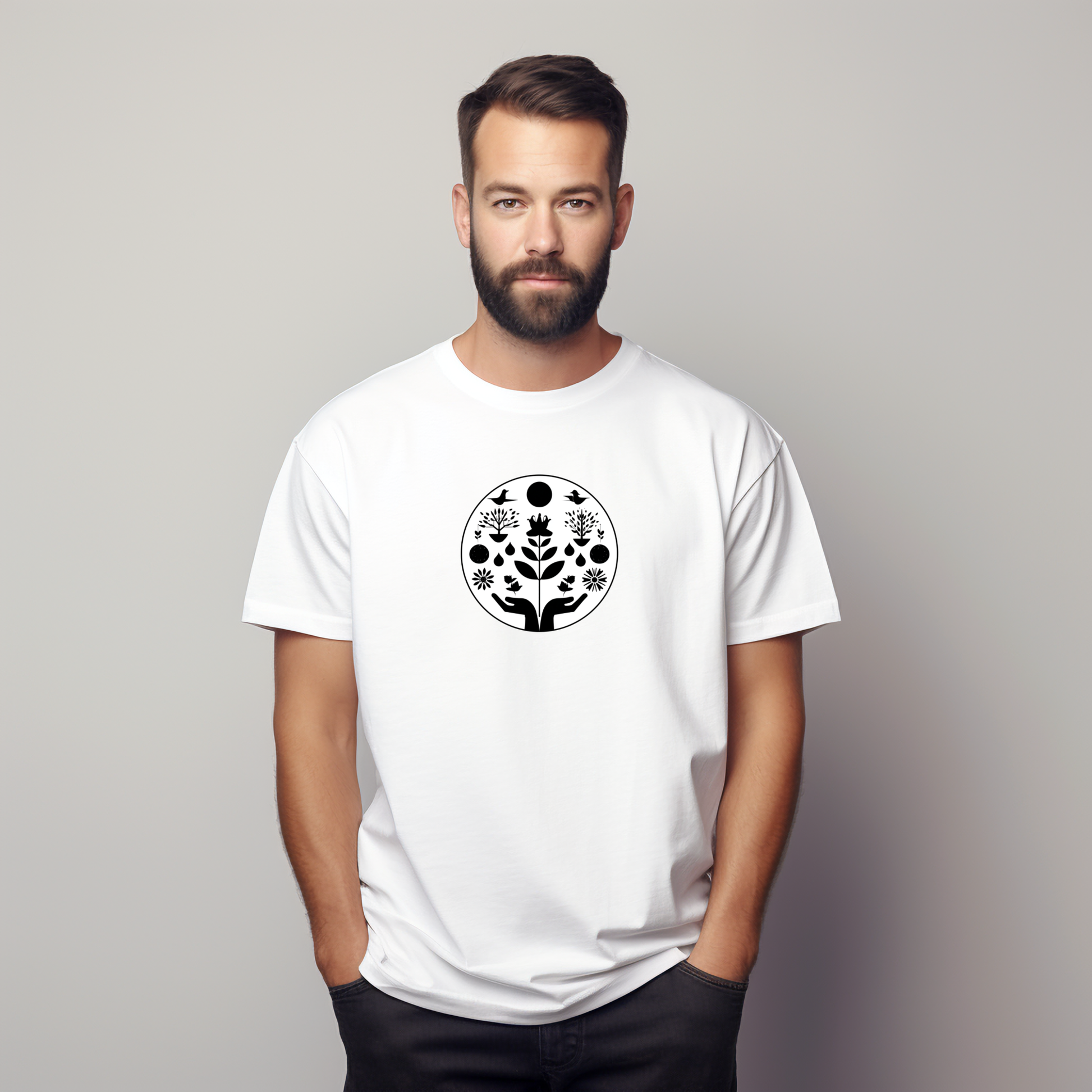 Balti vyriški marškinėliai su juodu stilizuotu gyvybės medžio simboliu iš Naujausių dizainų 2026 kolekcijos