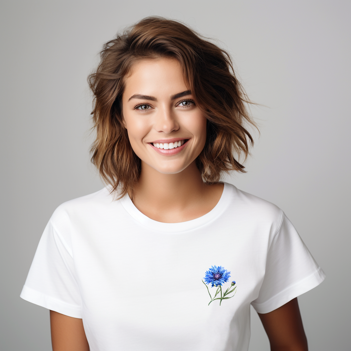 Balti marškinėliai su mėlynos spalvos gėlės motyvu iš All Products (ChatGPT-AI Product Description) kolekcijos