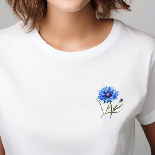 Balti marškinėliai su mėlynos spygliuotos gėlės piešiniu iš All Products (ChatGPT-AI Product Description) kolekcijos