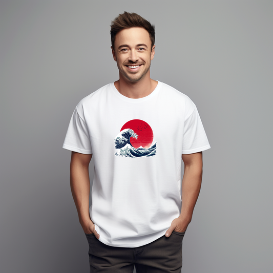 Balti vyriški marškinėliai su jūros bangos ir raudono saulėlydžio motyvu iš Naujausių dizainų 2026 kolekcijos