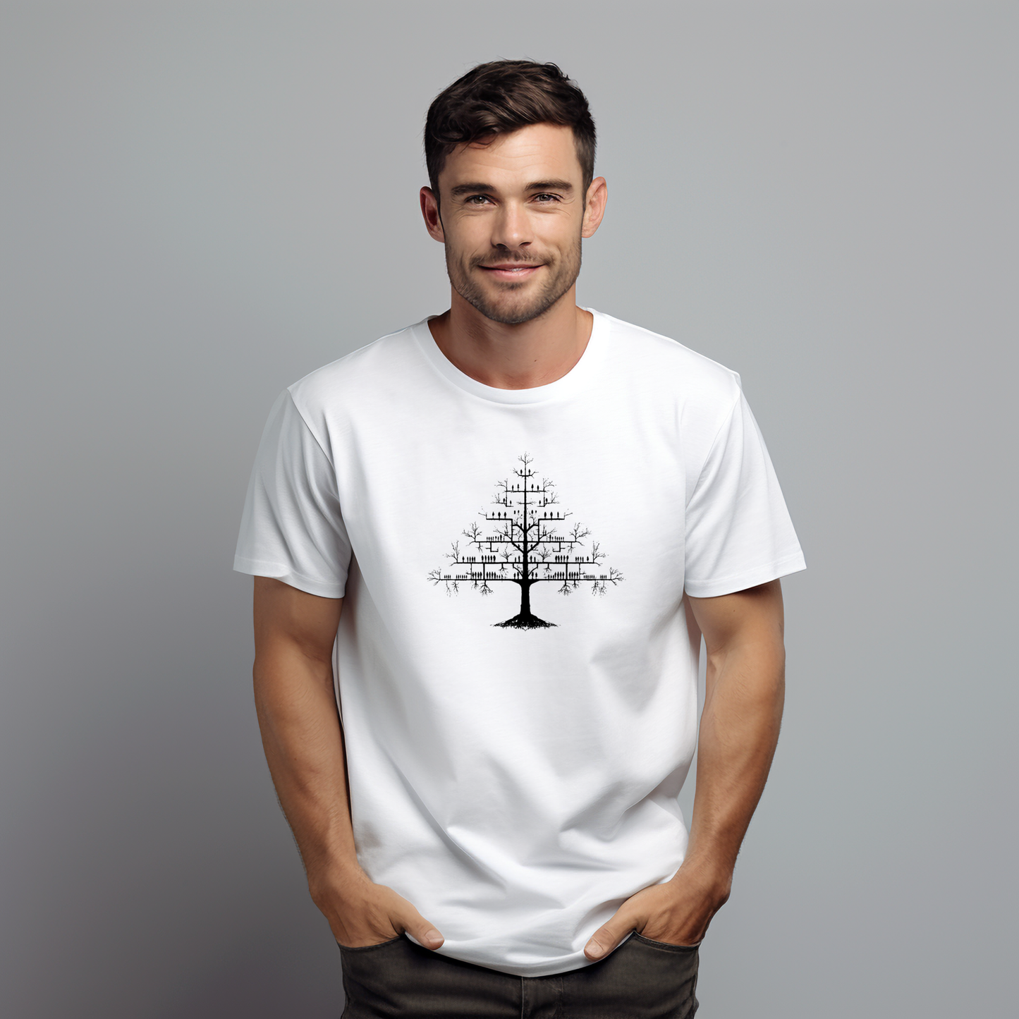 Baltų vyriški marškinėliai su moderniu stilizuoto medžio silueto piešiniu iš Naujausi dizainai 2026 kolekcijos