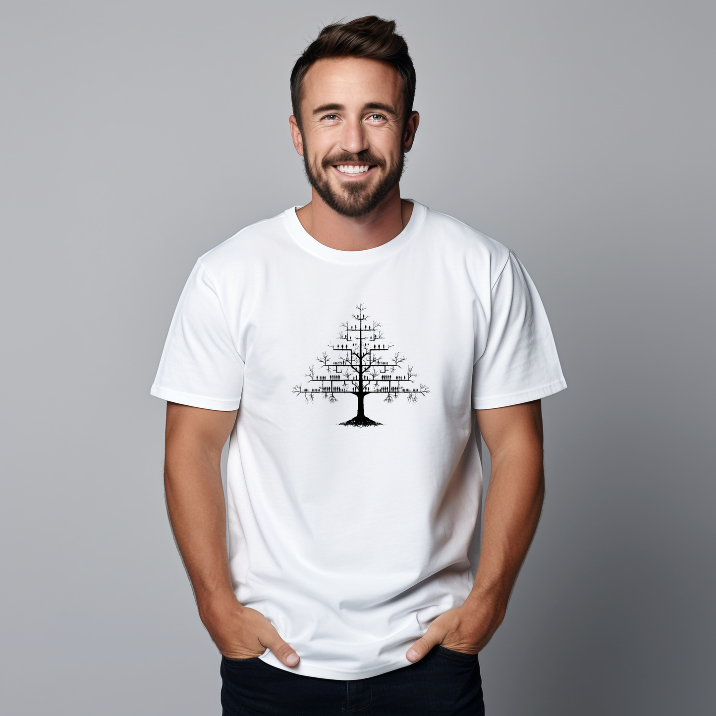 Balti vyriški marškinėliai su stilizuotu medžio piešiniu iš Naujausių dizainų 2026 kolekcijos